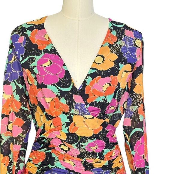 Rixo Black Silk Golden Floral Ruched Mini Dress | Size 6 - Picture 8 of 12